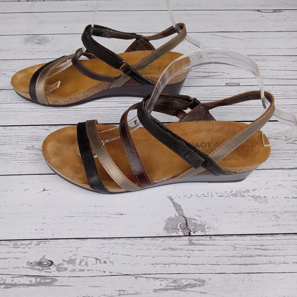 Naot Women's Multi Strap Slingback Wedge Sandals Size 40 EU Brown‎ Black Gold